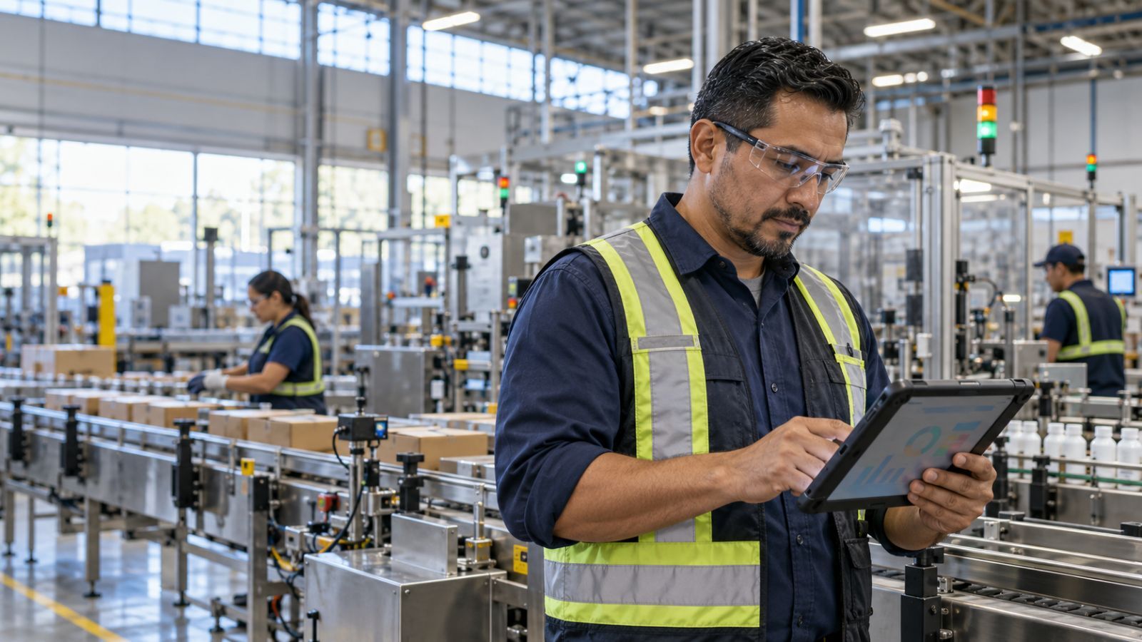 Production supervisor reviewing OEE data on a tablet beside an automated packaging line